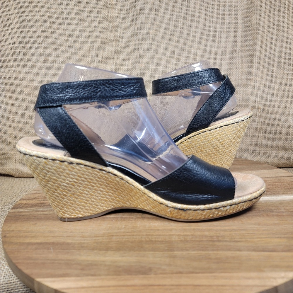 BOC Born Concept Wedge Sandals Black Leather Ankle Strap Womens 10 M Woven Heel - Picture 6 of 11